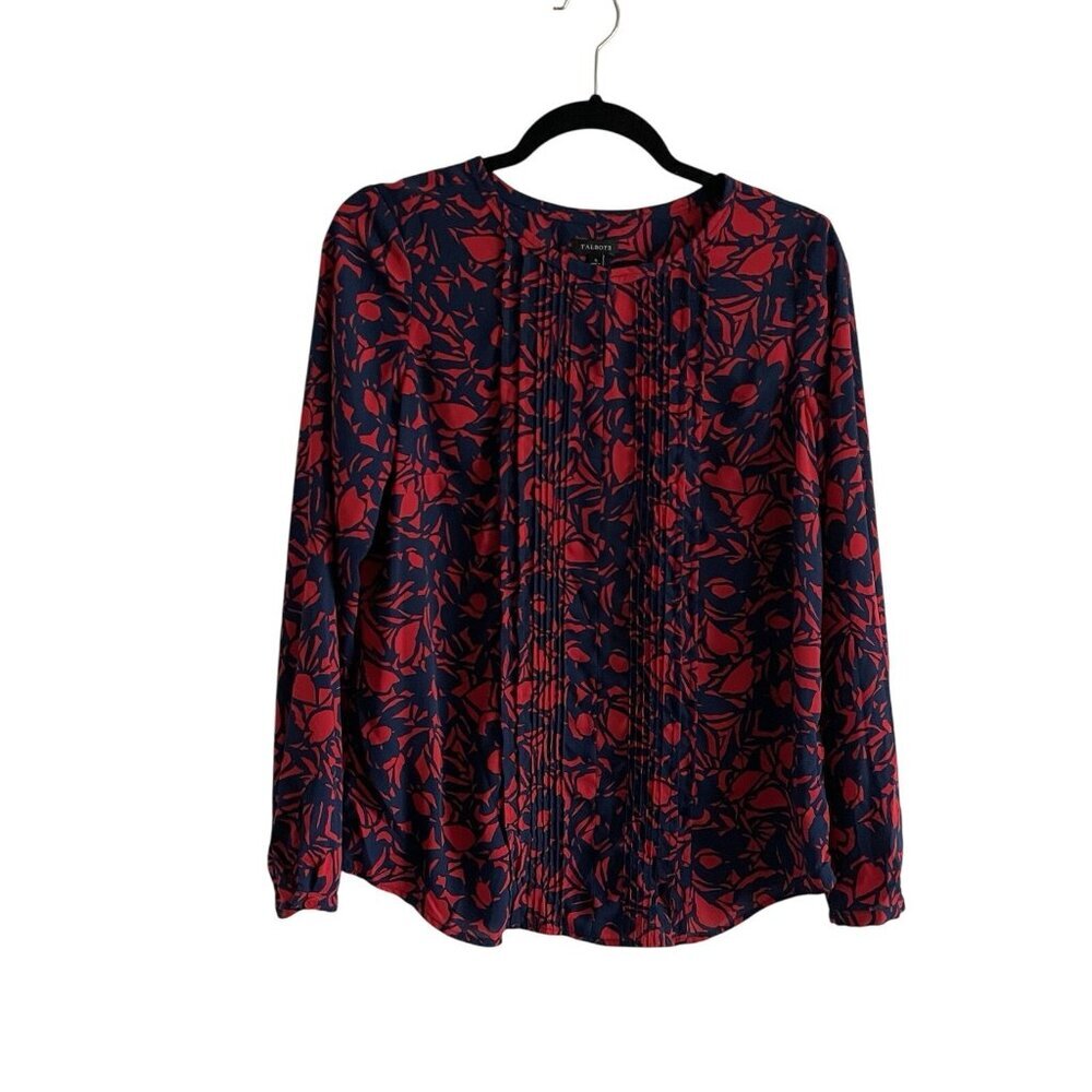 Talbots Women SZ S Red/Blue Floral Long Sleeve Pintuck Keyhole Neck Blouse